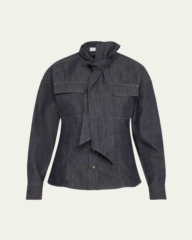 Lightweight Denim Shirt With Removable Bow